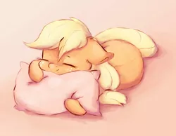 Size: 1076x835 | Tagged: safe, alternate version, artist:buttersprinkle, derpibooru import, applejack, earth pony, pony, applebetes, cute, daaaaaaaaaaaw, female, floppy ears, hnnng, hug, jackabetes, pillow, pillow hug, simple background, sleeping, smiling, solo