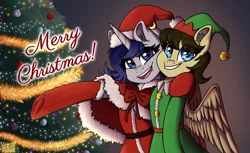 Size: 5894x3607 | Tagged: safe, artist:tyna, derpibooru import, oc, oc:chance mccoy, oc:moonlit silver, unofficial characters only, pegasus, pony, unicorn, christmas, christmas tree, clothes, commission, costume, duo, female, hat, holiday, santa costume, santa hat, tree, ych result