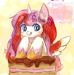 Size: 1280x1308 | Tagged: safe, artist:crystal-chima, derpibooru import, oc, unofficial characters only, alicorn, pony, alicorn oc, blushing, cake, colored wings, curved horn, female, flower, flower in hair, food, happy birthday, heart, hoof shoes, horn, mare, solo, spread wings, tongue out, wings