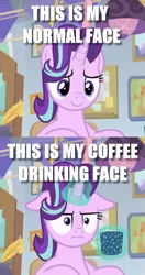 Size: 409x775 | Tagged: caption, coffee, cropped, derpibooru import, edit, edited screencap, floppy ears, :i, image macro, i mean i see, levitation, magic, marks for effort, safe, screencap, starlight glimmer, telekinesis, text