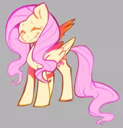 Size: 655x682 | Tagged: safe, artist:kilo, derpibooru import, fluttershy, pegasus, pony, cute, eyes closed, female, gray background, mare, shyabetes, simple background, smiling, solo, standing, three quarter view, wings