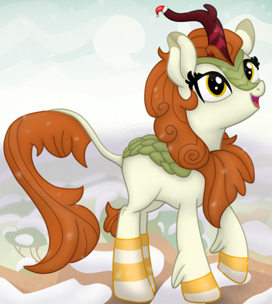 Size: 1608x1798 | Tagged: alternate version, artist:soctavia, autumn blaze, awwtumn blaze, christmas, clothes, cute, derpibooru import, female, happy, hat, holiday, kirin, looking up, safe, santa hat, snow, snowfall, socks, solo, sounds of silence, striped socks