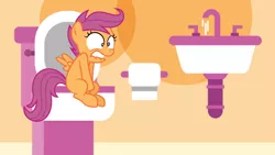 Size: 1280x720 | Tagged: artist needed, source needed, useless source url, safe, alternate version, artist:natasha106, derpibooru import, scootaloo, pony, 1000 years in photoshop, bladder, but why, implied pissing, need to pee, potty time, sink, toilet, toilet paper roll