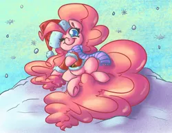 Size: 2048x1583 | Tagged: safe, artist:leadhooves, derpibooru import, pinkie pie, earth pony, pony, christmas, clothes, colored pupils, costume, cute, diapinkes, female, holiday, impossibly large tail, looking at you, mare, one eye closed, santa claus, santa costume, scarf, sitting, smiling, snow, snowfall, solo, wink, winter