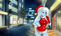 Size: 4416x2624 | Tagged: suggestive, artist:aboimages03, derpibooru import, trixie, equestria girls, breasts, busty trixie, christmas, city, clothes, condom, costume, hat, holiday, santa costume, santa hat