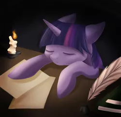 Size: 872x845 | Tagged: artist:lightning-stars, asleep on the job, book, candle, derpibooru import, inkwell, quill, safe, sleeping, solo, tired, twilight sparkle