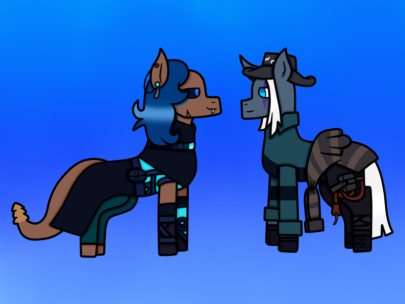 Size: 2048x1536 | Tagged: safe, artist:lightningbolt39, derpibooru import, oc, oc:ember arrow, oc:sidewinder, unofficial characters only, original species, pony, snake, snake pony, unicorn, armors, bandage, belt, blue background, boots, clothes, clothes swap, colored sclera, ear piercing, earring, fedora, female, fnags, gloves, hat, jewelry, lesbian, looking at each other, mare, oc x oc, pants, piercing, scar, shipping, shirt, shoes, simple background, tattoo, whip