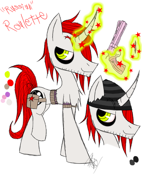 Size: 888x1150 | Tagged: safe, artist:didun850, derpibooru import, oc, oc:russian roulette, unofficial characters only, pony, unicorn, bag, beanie, bust, chest fluff, curved horn, glowing horn, gun, hat, horn, magic, male, reference sheet, saddle bag, signature, simple background, smiling, stallion, telekinesis, unicorn oc, weapon, white background