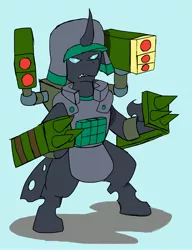 Size: 2508x3270 | Tagged: alternate version, armor, artist:omegapony16, bipedal, changeling, changeling oc, clothes, colored, curved horn, derpibooru import, gun, helmet, horn, missile, oc, oc:oriponi, safe, soldier, solo, unofficial characters only, vest, weapon