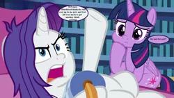 Size: 1280x720 | Tagged: alicorn, angry, book, derpibooru import, dialogue, dragon dropped, edit, edited screencap, fainting couch, implied blueblood, library, messy mane, rarity, safe, screencap, speech bubble, twilight's castle, twilight sparkle, twilight sparkle (alicorn)