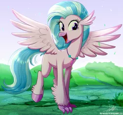 Size: 1871x1742 | Tagged: artist:the-butch-x, cheerful, classical hippogriff, claws, cute, derpibooru import, diastreamies, excited, female, hippogriff, jewelry, looking at you, necklace, open mouth, pearl necklace, quadrupedal, safe, silverstream, smiling, solo, spread wings, talons, teenager, unshorn fetlocks, walking, wings