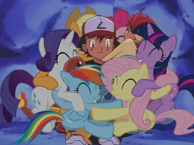 Size: 640x480 | Tagged: applejack, ash ketchum, bulbasaur, charmander, crossover, derpibooru import, edit, edited screencap, fluttershy, group hug, hug, human, mane six, pidgeotto, pikachu, pinkie pie, pokémon, rainbow dash, rarity, safe, screencap, squirtle, twilight sparkle