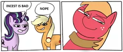 Size: 960x408 | Tagged: safe, artist:gamedevanon, derpibooru import, edit, applejack, big macintosh, starlight glimmer, ponified, earth pony, pony, unicorn, 2 panel comic, comic, communism, hammer and sickle, horn, implied applemac, implied incest, implied shipping, implied straight, incest, looking at you, meme, ponified meme, stalin glimmer, stonetoss