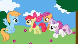 Size: 900x506 | Tagged: safe, artist:lendaclue, derpibooru import, apple bloom, scootaloo, sweetie belle, oc, oc:harmony star, unofficial characters only, alicorn, earth pony, pegasus, pony, unicorn, alicorn oc, bow, colt, female, filly, flower, hair bow, horn, male, raised hoof, tree, wings