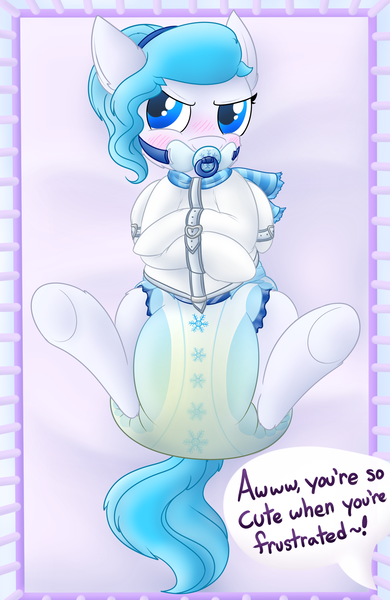 Size: 1300x2000 | Tagged: questionable, alternate version, artist:plinkie_poi, derpibooru import, oc, oc:snow wing, unofficial characters only, pegasus, pony, abdl, blushing, bondage, bound wings, dialogue, diaper, diaper bondage, diaper fetish, diaper training, female, fetish, messy diaper, offscreen character, pacifier gag, peeing in diaper, poofy diaper, poop, pooping in diaper, poopy diaper, solo, solo female, straitjacket, underhoof, unpotty training, urine, wet diaper, wings