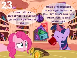 Size: 1024x768 | Tagged: safe, artist:bronybyexception, derpibooru import, pinkie pie, twilight sparkle, earth pony, pony, advent calendar, book, book token, bookshelf, drinking, golden oaks library, mug, safety goggles, token