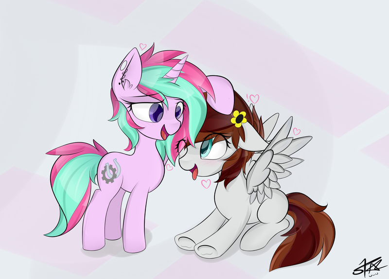 Size: 2300x1650 | Tagged: safe, artist:starmaster, derpibooru import, oc, oc:becca, oc:gadassi dash, pegasus, pony, unicorn, blushing, happy, shipping, smiling