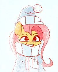 Size: 1284x1605 | Tagged: safe, artist:fluttershythekind, derpibooru import, fluttershy, pegasus, pony, bust, clothes, cute, female, grin, hat, looking at you, mare, portrait, scarf, shyabetes, simple background, smiling, snow, snowfall, solo, three quarter view, white background, winter outfit