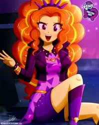 Size: 920x1160 | Tagged: safe, artist:the-butch-x, derpibooru import, adagio dazzle, equestria girls, equestria girls series, find the magic, sunset's backstage pass!, spoiler:eqg series (season 2), adoragio, bracelet, butch's hello, clothes, cute, equestria girls logo, female, hello x, image, jacket, legs, looking at you, music festival outfit, open mouth, png, sitting, smiling, solo, spiked wristband, thighs, wristband