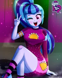 Size: 920x1160 | Tagged: safe, artist:the-butch-x, derpibooru import, sonata dusk, equestria girls, equestria girls series, find the magic, sunset's backstage pass!, spoiler:eqg series (season 2), blushing, butch's hello, clothes, crossed legs, cute, dress, equestria girls logo, female, hello x, legs, looking at you, minidress, one eye closed, open mouth, peace sign, ponytail, sitting, smiling, socks, solo, sonatabetes, taco dress, thighs, wink
