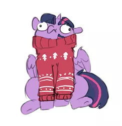 Size: 760x782 | Tagged: safe, artist:pucksterv, derpibooru import, twilight sparkle, twilight sparkle (alicorn), alicorn, pony, christmas sweater, clothes, cute, derp, derplight sparkle, faic, female, majestic as fuck, mare, simple background, sitting, solo, sweater, white background