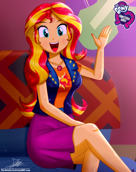 Size: 920x1160 | Tagged: safe, artist:the-butch-x, derpibooru import, sunset shimmer, equestria girls, beautiful, butch's hello, crossed legs, cute, equestria girls logo, female, geode of empathy, happy, hello x, legs, looking at you, magical geodes, open mouth, shimmerbetes, signature, smiling, solo, waving