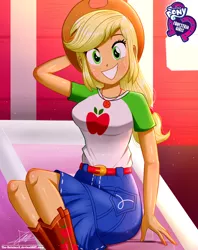 Size: 920x1160 | Tagged: safe, artist:the-butch-x, derpibooru import, applejack, equestria girls, applejack's hat, belt, boots, butch's hello, clothes, cowboy hat, cute, denim skirt, equestria girls logo, female, freckles, geode of super strength, hat, hello x, jackabetes, legs, looking at you, magical geodes, shoes, signature, skirt, smiling, solo, stetson
