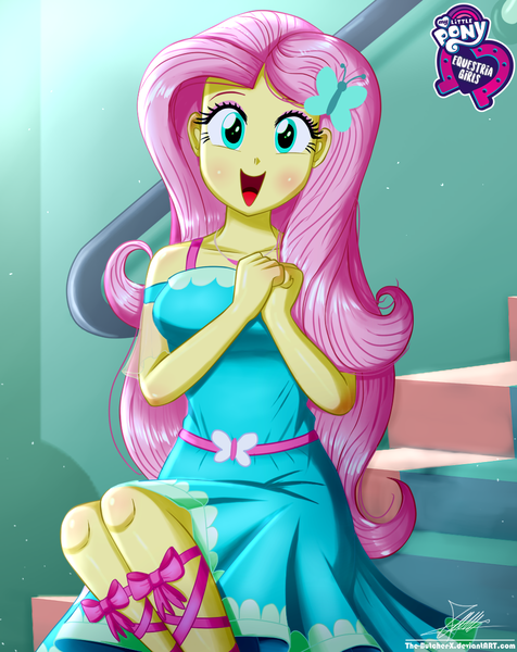 Size: 920x1160 | Tagged: safe, artist:the-butch-x, derpibooru import, fluttershy, equestria girls, beautiful, butch's hello, cute, equestria girls logo, female, geode of fauna, hands together, happy, hello x, looking at you, magical geodes, open mouth, shyabetes, signature, sitting, smiling, solo