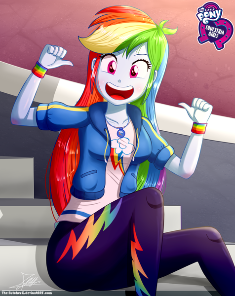 Size: 920x1160 | Tagged: safe, artist:the-butch-x, derpibooru import, rainbow dash, equestria girls, equestria girls series, butch's hello, cute, dashabetes, equestria girls logo, female, geode of super speed, hello x, looking at you, magical geodes, open mouth, pointing at self, signature, sitting, smiling, solo