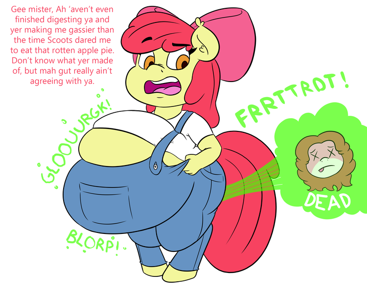 Size: 2500x2000 | Tagged: questionable, semi-grimdark, artist:deoix, derpibooru import, apple bloom, oc, oc:cinnamon cake, anthro, earth pony, apple blob, belly, big belly, casual vore, chubby, death, dialogue, digestion, fart, fart noise, fat, female pred, fetish, gas, gurgling, implied death, male prey, onomatopoeia, predbloom, sound effects, stomach noise, unwilling prey, vore, weight gain, x eyes