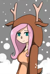 Size: 1000x1480 | Tagged: safe, artist:genericmlp, derpibooru import, fluttershy, bat pony, deer, human, animal costume, breasts, busty fluttershy, christmas, clothes, costume, flutterbat, holiday, humanized, race swap, smiling, snow, snowfall