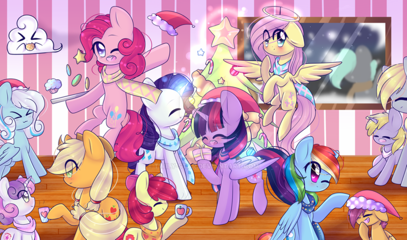 Size: 1024x603 | Tagged: safe, artist:twily-star, derpibooru import, apple bloom, applejack, derpy hooves, dinky hooves, fluttershy, pinkie pie, rainbow dash, rarity, scootaloo, sweetie belle, twilight sparkle, twilight sparkle (alicorn), oc, oc:snowdrop, alicorn, earth pony, pegasus, pony, unicorn, ><, christmas, christmas tree, clothes, cloud, cookie, cupcake, cute, cutie mark crusaders, deviantart watermark, eye clipping through hair, eyes closed, female, filly, food, halo, hat, holiday, mane six, mare, mother and child, mother and daughter, mug, obtrusive watermark, one eye closed, open mouth, santa hat, scarf, siblings, sisters, tree, watermark, wink