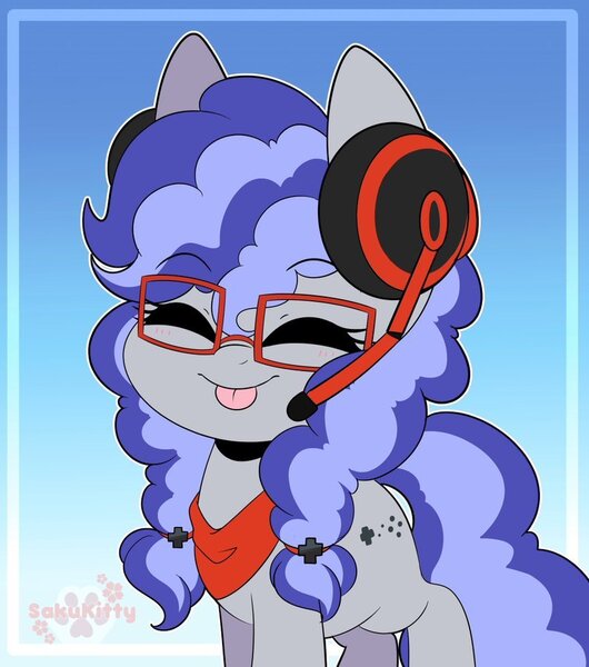 Size: 795x900 | Tagged: safe, artist:sakukitty, derpibooru import, oc, oc:cinnabyte, unofficial characters only, earth pony, pony, :p, adorkable, bandana, commission, cute, dork, earth pony oc, eyes closed, gaming headset, glasses, headset, solo, tongue out, your character here