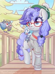 Size: 1369x1839 | Tagged: safe, artist:musicfirewind, derpibooru import, oc, oc:cinnabyte, unofficial characters only, earth pony, pony, rookidee, sobble, adorkable, bandana, bridge, clothes, cute, dork, earth pony oc, female, glasses, hat, hoodie, mare, pokémon, smiling, solo, trainer girl