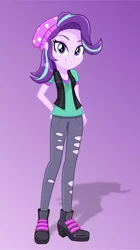Size: 2840x5059 | Tagged: safe, artist:diilaycc, derpibooru import, starlight glimmer, equestria girls, mirror magic, spoiler:eqg specials, beanie, beanie hat, boots, clothes, eyeshadow, female, hat, legs, makeup, pants, ripped pants, shirt, shoes, torn clothes, vest
