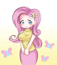 Size: 4360x4961 | Tagged: safe, artist:anonthakhot, derpibooru import, fluttershy, bat pony, butterfly, human, absurd resolution, anime, blushing, breasts, busty fluttershy, clothes, cute, cutie mark, female, flutterbat, gradient background, humanized, looking at you, pixiv, race swap, shyabetes, sleeveless, sleeveless sweater, solo, sweater, sweatershy, turtleneck