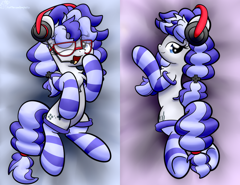 Size: 2152x1660 | Tagged: safe, artist:kimjoman, derpibooru import, oc, oc:cinnabyte, unofficial characters only, earth pony, pony, adorasexy, adorkable, body pillow, chest fluff, clothes, cute, dork, earth pony oc, fluffy, gaming headset, glasses, headset, sexy, socks, solo, striped socks