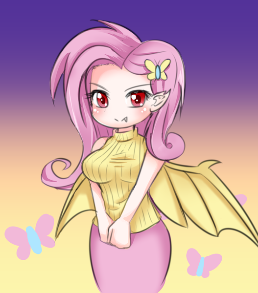 Size: 4360x4961 | Tagged: safe, artist:anonthakhot, derpibooru import, fluttershy, bat pony, butterfly, human, absurd resolution, anime, bat ponified, breasts, busty fluttershy, clothes, cute, female, flutterbat, gradient background, humanized, looking at you, pixiv, race swap, shyabates, shyabetes, sleeveless, sleeveless sweater, solo, sweater, sweatershy, turtleneck, winged humanization, wings