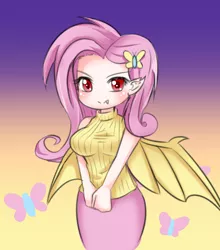 Size: 4360x4961 | Tagged: safe, artist:anonthakhot, derpibooru import, fluttershy, bat pony, butterfly, human, absurd resolution, anime, bat ponified, breasts, busty fluttershy, clothes, cute, female, flutterbat, gradient background, humanized, looking at you, pixiv, race swap, shyabates, shyabetes, sleeveless, sleeveless sweater, solo, sweater, sweatershy, turtleneck, winged humanization, wings