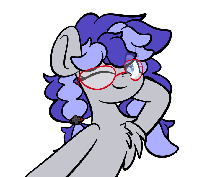 Size: 2048x1689 | Tagged: safe, artist:kimjoman, derpibooru import, part of a set, oc, oc:cinnabyte, unofficial characters only, earth pony, pony, adorkable, chest fluff, commission, cute, dork, earth pony oc, female, fluffy, glasses, mare, one eye closed, simple background, solo, white background, wink, ych result