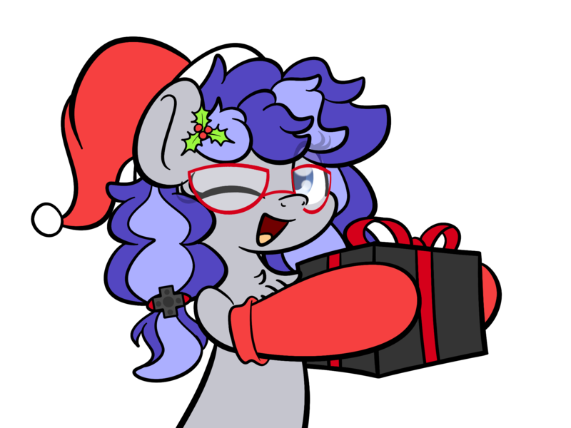 Size: 2048x1536 | Tagged: safe, artist:kimjoman, derpibooru import, part of a set, oc, oc:cinnabyte, unofficial characters only, earth pony, pony, adorkable, chest fluff, christmas, clothes, commission, cute, dork, earth pony oc, glasses, holiday, one eye closed, present, simple background, smiling, socks, solo, transparent background, wink, ych result