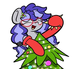 Size: 1640x1536 | Tagged: safe, artist:kimjoman, derpibooru import, part of a set, oc, oc:cinnabyte, unofficial characters only, earth pony, pony, adorkable, blinking, christmas, christmas tree, clothes, commission, cute, dork, earth pony oc, female, glasses, holiday, lights, mare, simple background, socks, solo, transparent background, tree, ych result