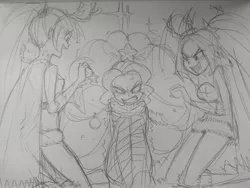 Size: 4160x3120 | Tagged: safe, artist:paradoxbroken, derpibooru import, adagio dazzle, aria blaze, sonata dusk, equestria girls, bondage, christmas, christmas tree, disguise, disguised siren, holiday, monochrome, sketch, the dazzlings, traditional art, tree