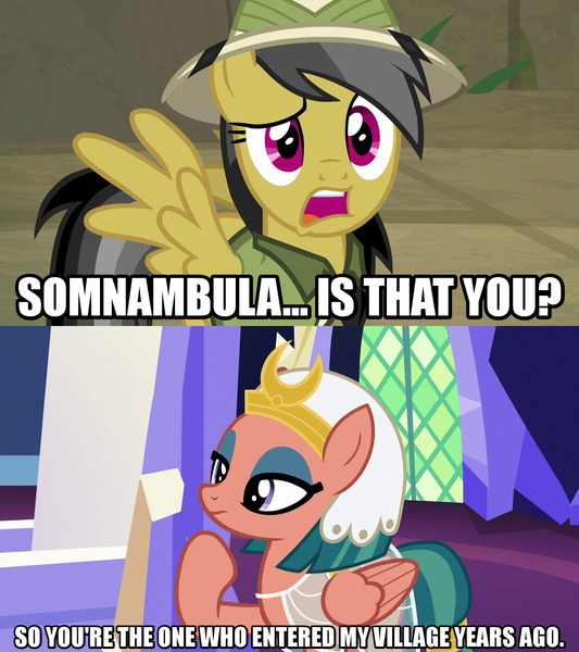 Size: 1280x1440 | Tagged: safe, derpibooru import, edit, edited screencap, screencap, daring do, somnambula, pegasus, pony, daring done?, daring doubt, shadow play, caption, female, image macro, mare, meme, text