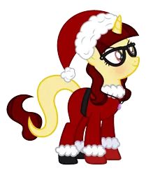 Size: 1265x1381 | Tagged: safe, artist:darbypop1, derpibooru import, oc, oc:aria, pony, unicorn, christmas, clothes, costume, female, glasses, holiday, mare, santa costume, simple background, solo, transparent background