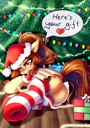 Size: 3508x4961 | Tagged: suggestive, alternate version, artist:chaosangeldesu, derpibooru import, oc, oc:noctalia, unofficial characters only, bat pony, pony, bat pony oc, bat wings, christmas, christmas lights, christmas stocking, christmas tree, clothes, costume, hat, holiday, looking at you, santa costume, santa hat, socks, striped socks, tree, wings