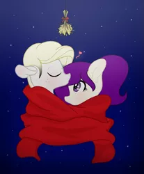 Size: 1261x1521 | Tagged: safe, artist:darbypop1, derpibooru import, oc, oc:like, oc:violet moon, unofficial characters only, pony, bse uses, female, hared scarf, kissing, male, mare, stallion