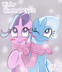 Size: 2126x2455 | Tagged: safe, artist:garammasara, derpibooru import, starlight glimmer, trixie, pony, unicorn, blushing, clothes, female, lesbian, scarf, shared clothing, shared scarf, shipping, snow, starry eyes, startrix, wingding eyes, winter