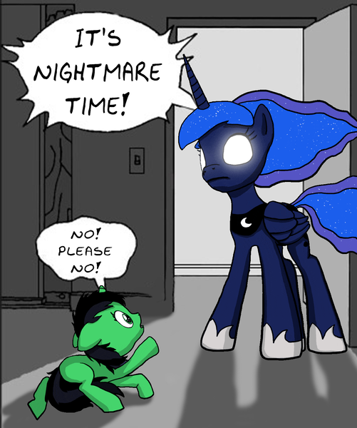 Size: 1256x1503 | Tagged: safe, derpibooru import, edit, princess luna, oc, oc:anonfilly, alicorn, pony, unicorn, exploitable meme, female, filly, glowing eyes, goofy time, meme