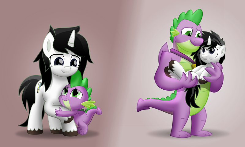 Size: 800x482 | Tagged: safe, artist:jhayarr23, derpibooru import, spike, oc, oc:soul glow, dragon, pony, unicorn, the last problem, canon x oc, gay, holding a pony, male, older, older spike, shipping, stallion, winged spike